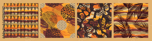 Set of Tribal ethnic seamless patterns with animal print, brush strokes and palm leaves.