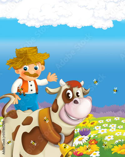 Fototapeta Naklejka Na Ścianę i Meble -  cartoon scene with happy farmer man on the farm ranch illustration for the children