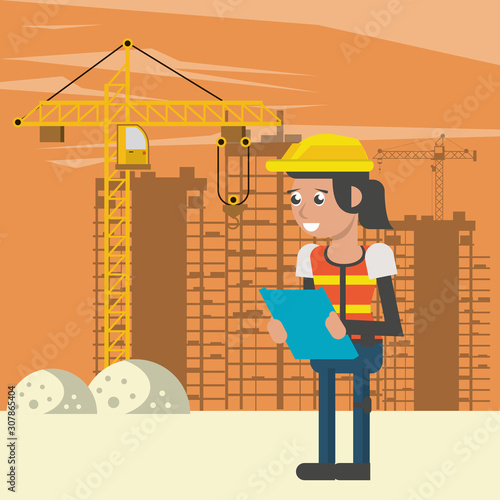 woman builder working under construction scene