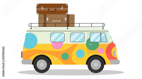 Cartoon minivan, multi-colored minivan with tourist suitcases. Car travel concept.