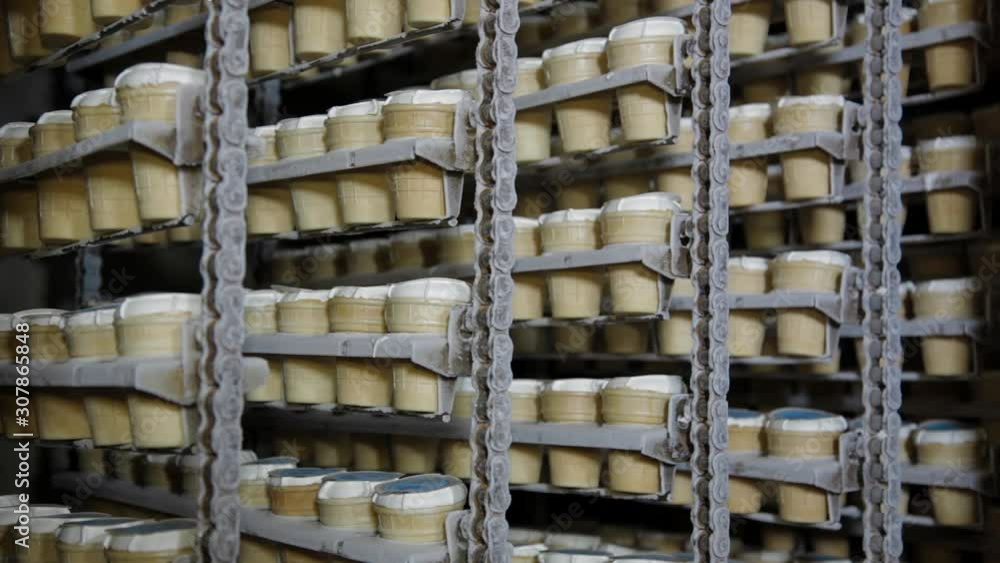 Ice cream freezing in industrial refrigerator. Ice-cream production line. Desserts on conveyor belt. Food production process. Frozen Ice cream in manufactur Ice cream freezing in industrial refrigerator. Ice-cream production line. Desserts on conveyor belt. Food production process. Frozen Ice cream in manufactur