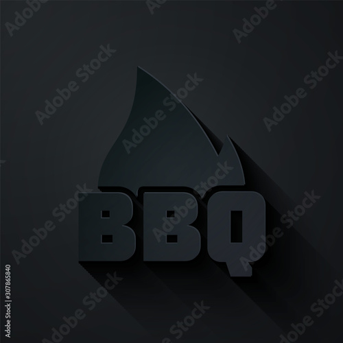 Paper cut Barbecue fire flame icon isolated on black background. Heat symbol. BBQ grill party. Paper art style. Vector Illustration