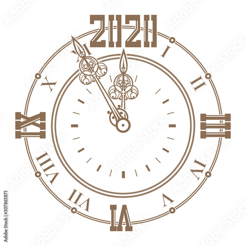 Dial of a vintage watch with curly hands shows five minutes to the New Year 2020. Watch dial 2020. Silhouetted of an ancient clock with Roman numerals. Vector illustration