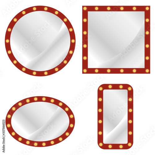 Makeup mirror. Vector set of realistic isolated retro sign neon billboards. Red makeup mirror frame with light bulbs.