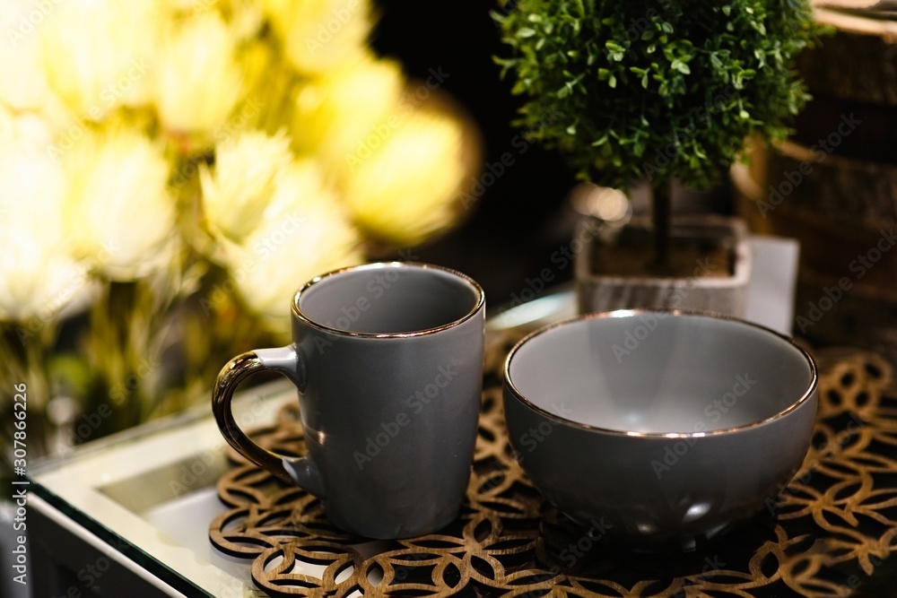 background decoration with cup of chocolate on table with copy space. tree wallpaper for celebration background decoration with cup of chocolate on table with copy space. tree wallpaper for celebration