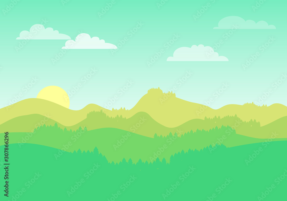 Mountain landscape with alpine meadows. Mountains with beautiful natural trees and beautiful sky with clouds. Vector illustration.