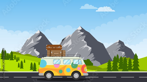 Tourist minivan rides in the mountains. Cartoon minivan with suitcases rides against the backdrop of a mountain landscape. The concept of travel in the mountains. Vector.