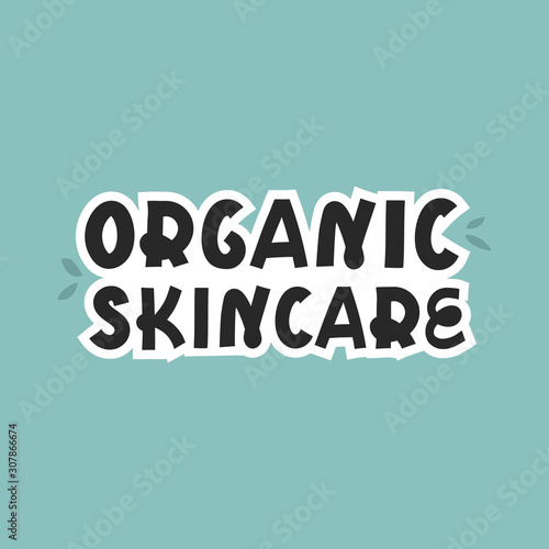 Spa treatment concept. Organic skincare text on blue background. Natural cosmetic lettering for using in banner, poster, greeting card. Vector