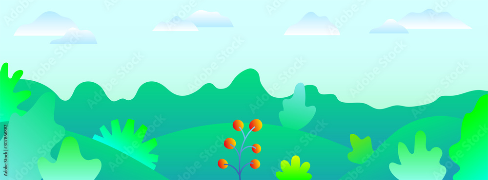 Beautiful nature landscape. Spring landscape. Flat green illustration. Growing concept. Vector nature green background. Summer background. Flat style vector illustration. Summer holiday season.