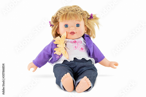 Plush baby girl doll isolated on white background with clipping path
