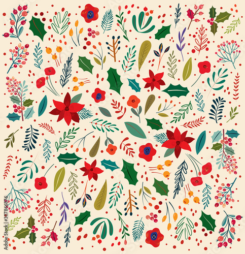 Beautiful Christmas floral vector pattern	