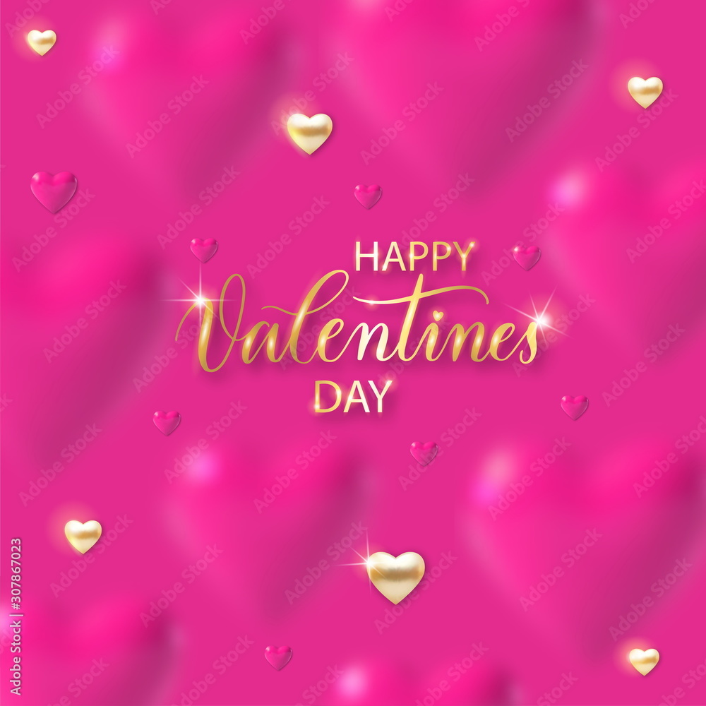 Valentines Day background with 3d red and gold  hearts, lights and text. Holiday card illustration on red background.