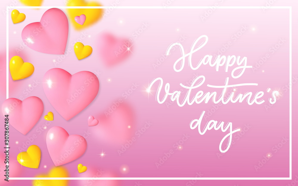 Valentines Day background with 3d pink and yellow  hearts and text. Holiday card illustration on pink background.