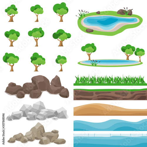 A set of elements of nature. Trees. stones, lake, landscape. Flat design © Olena