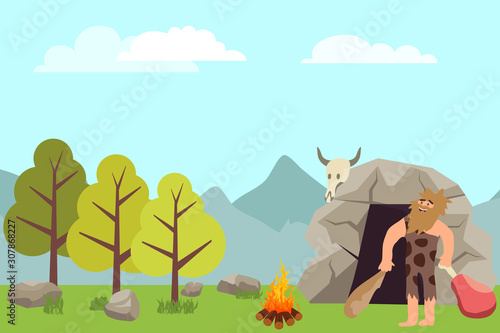 Primitive people in stone age cartoon icons. Primitive man cartoon vector in animal pelts eating meat near their cave.