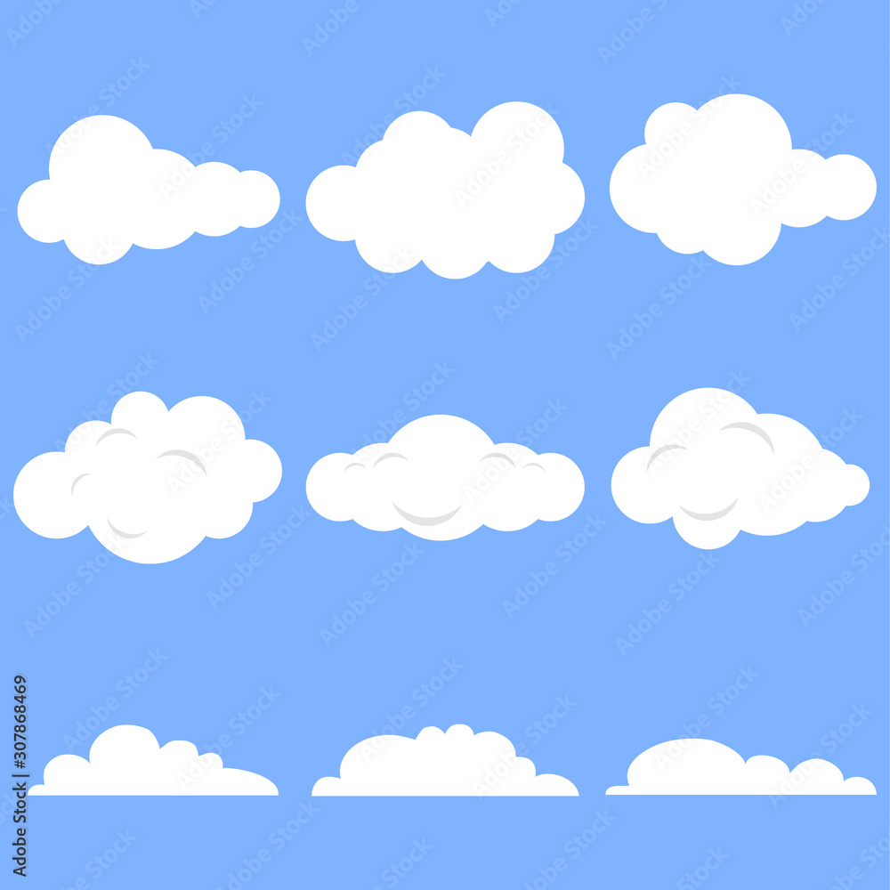Clouds, set of realistic white clouds on a blue background. Cartoon clouds.