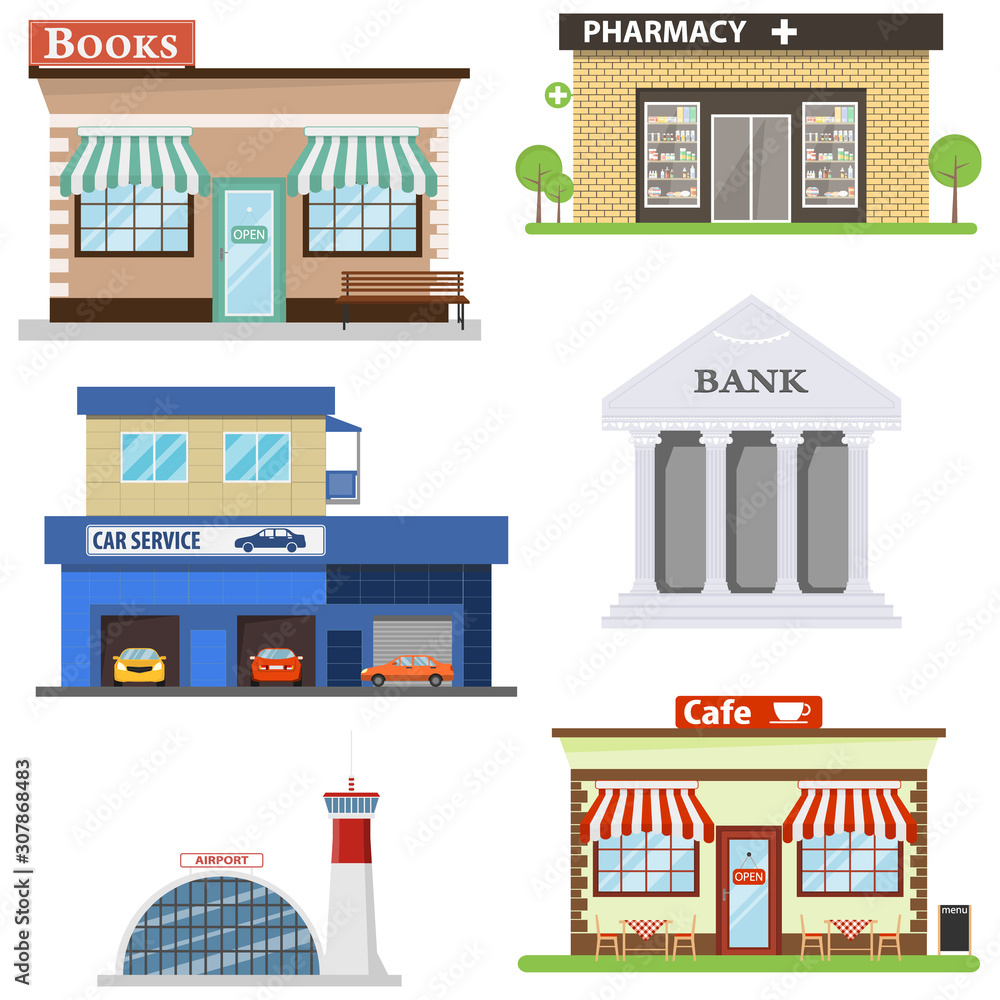 Public buildings. Set of public buildings. Bank, pharmacy, cafe, bookstore, airport, car repair. Vector illustration