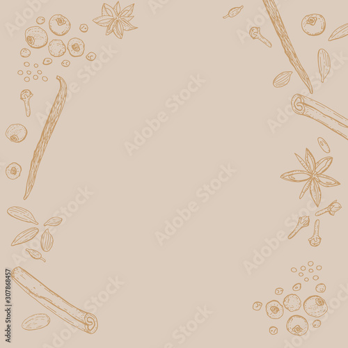 Frame with ingredients for making mulled wine. Christmas winter drink made of ginger, cinnamon, cloves, vanilla, pepper, anise. Seasonal food. Spice and flavor. Can be used to create postcards.