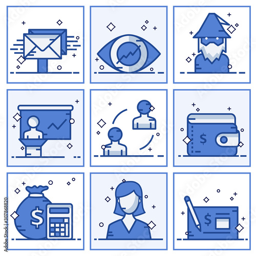 Set vector icons with elements for mobile concepts and web apps. Business and marketing, programming, data management, internet connection, social network, computing, information. Vector