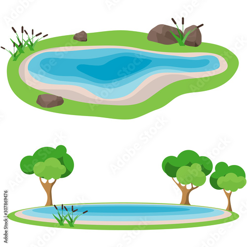 Fototapeta Naklejka Na Ścianę i Meble -  A set of elements of nature. Trees. stones, lake, landscape. Flat design
