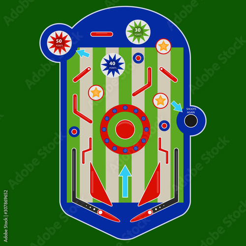 Pinball composition with pinball hit strike description. Realistic Pinball. Pinball cartoon illustration isolated on green background.