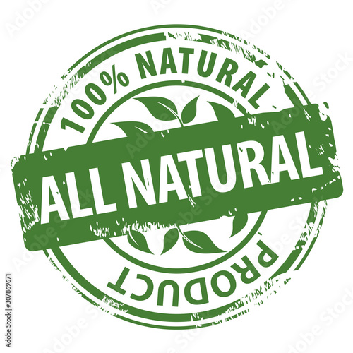 All Natural Organic Products 100 percent green rubber stamp icon isolated on white background.