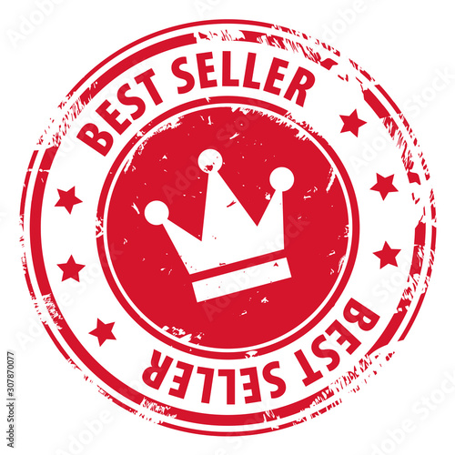 Best Seller round rubber stamp with crown symbol icon isolated on white background.
