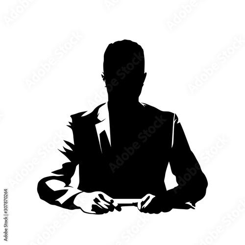 Businessman sitting at desk and talking, ink drawing. Conversation with leader or manager. Isolated vector silhouette