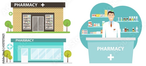 Pharmacy building in a flat design. Interior and pharmacy building. Pharmacy room with a pharmacist. Vector illustration