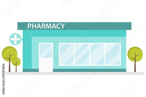 Pharmacy building in a flat design. Interior and pharmacy building. Pharmacy room with a pharmacist. Vector illustration