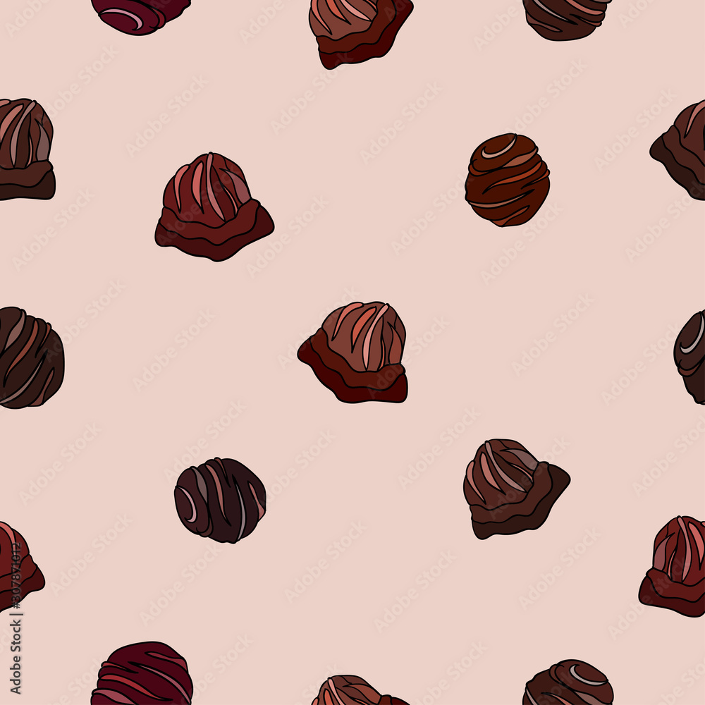Fototapeta premium Seamless sweet pattern on pink background. Chocolate candies with glaze.