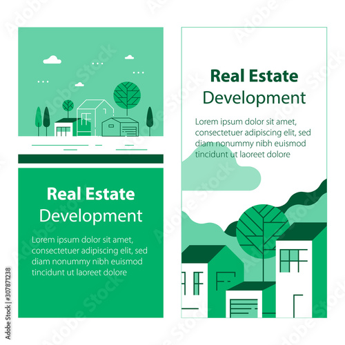 Real estate development, residential building, modern minimalist architecture, house construction, green neighborhood