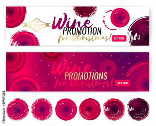 Template with banner design for sales promotion or wine event. Graphic concept of wine glass seen from above.