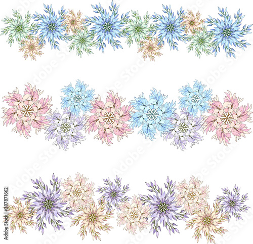Set of brushes for illustrator of floral patterns on a white background. Vector snowflakes made of flowers. Winter pattern.
