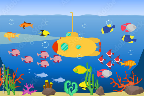 A yellow submarine floats underwater and illuminates the seabed. Yellow submarine floats in the ocean against the backdrop of the sea landscape. Seascape.