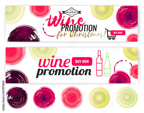 Template with banner design for sales promotion or wine event. Graphic concept of wine glass seen from above.