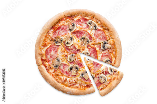 Delicious pizza with champignon mushrooms, ham, tomato sauce and mozzarella, isolated on white background
