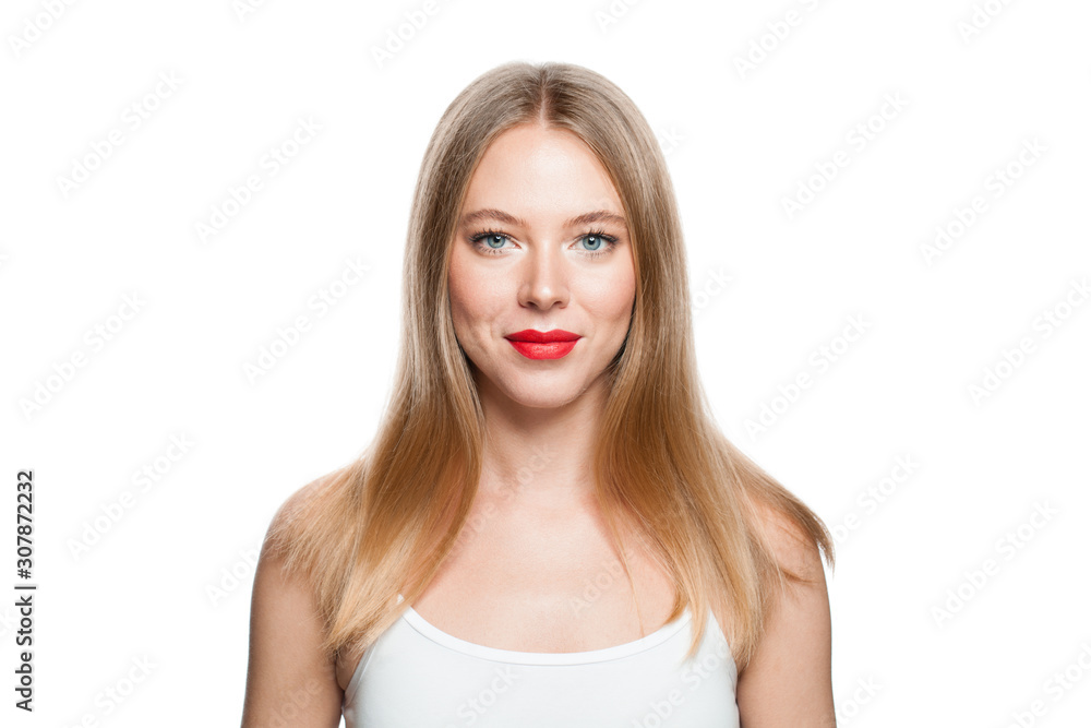 Pretty woman with blonde hairstyle isolated on white background. Healthy model isolated portrait