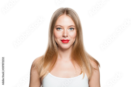 Pretty woman with blonde hairstyle isolated on white background. Healthy model isolated portrait