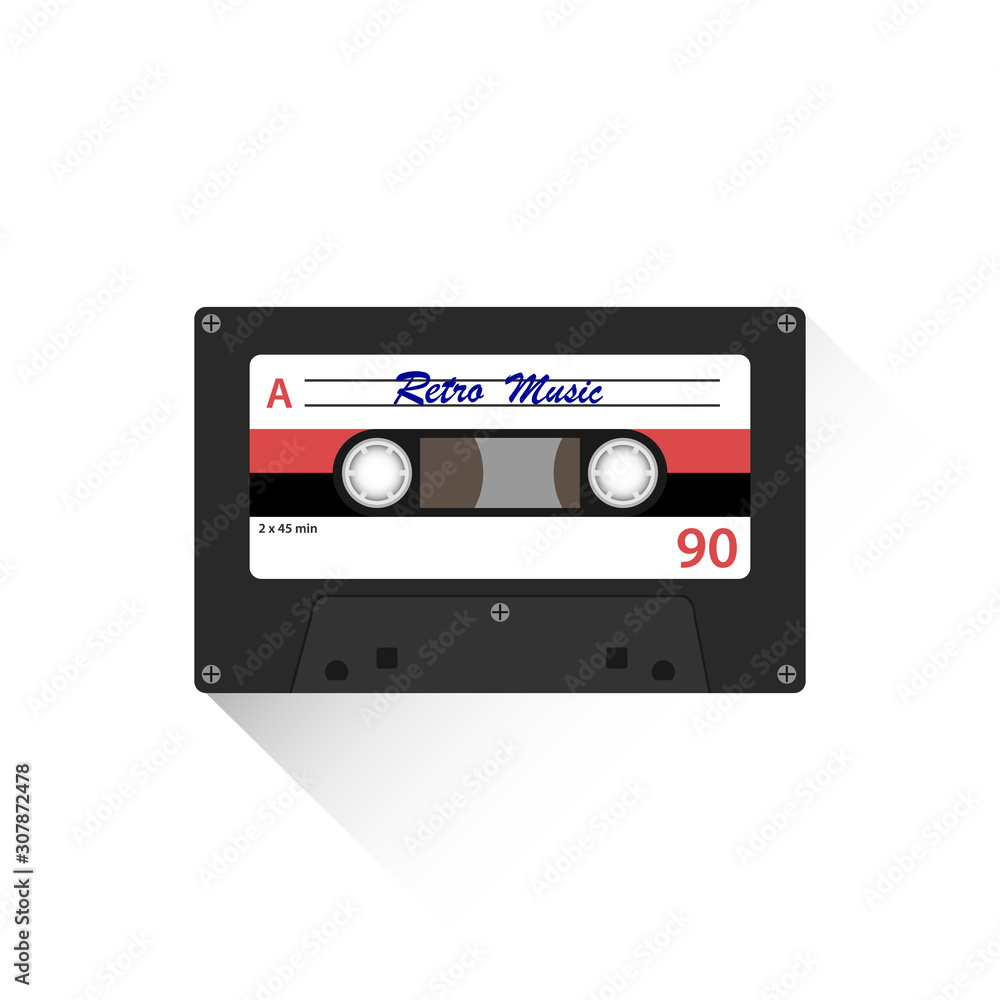 Retro audio cassette. Retro audio cassette icon with shadow isolated on white. Vector illustration. Retro audio cassette. Retro audio cassette icon with shadow isolated on white. Vector illustration.