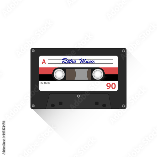 Retro audio cassette. Retro audio cassette icon with shadow isolated on white. Vector illustration.