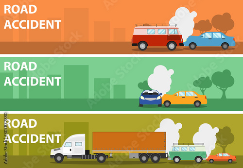 Road accident different situations collection. Three horizontal banner various road accidents. Car accidents and crash set flat vector Illustration on a white background.