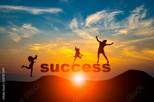 Silhouette cheerful people jumping on mountain, success concept