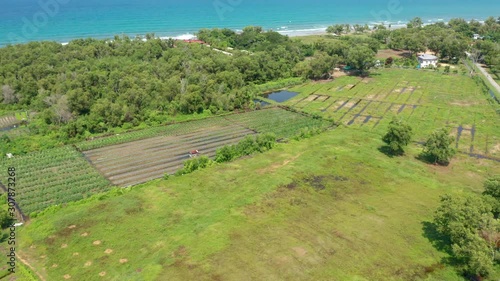 4K Aerial footage view of ocean waves crashing on Beautiful beach by at Sabandar Beach, Tuaran, Sabah, Malaysia photo