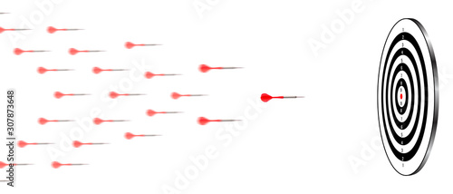 Arrows flying towards to black and white dartboard, imposible to miss target