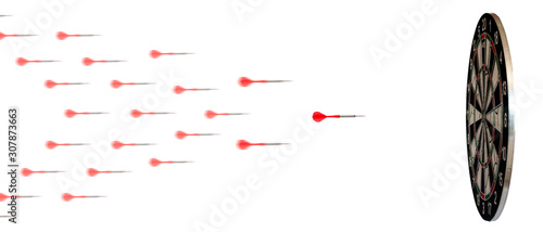 Arrows flying towards colorful dartboard, imposible to miss target