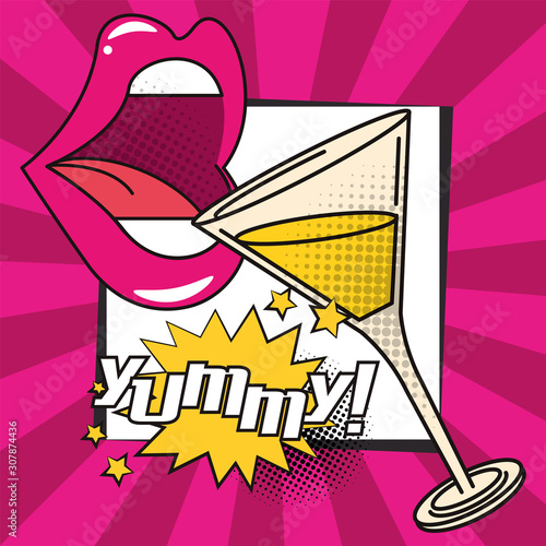 poster pop art style with mouth drinking cocktail