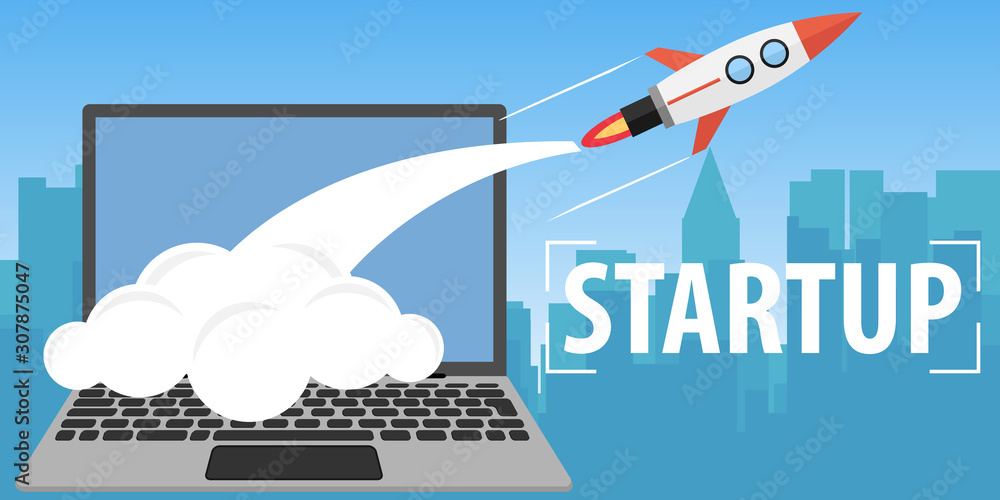 Startup concept. A rocket flying out of a laptop monitor. Business startup. Vector illustration.