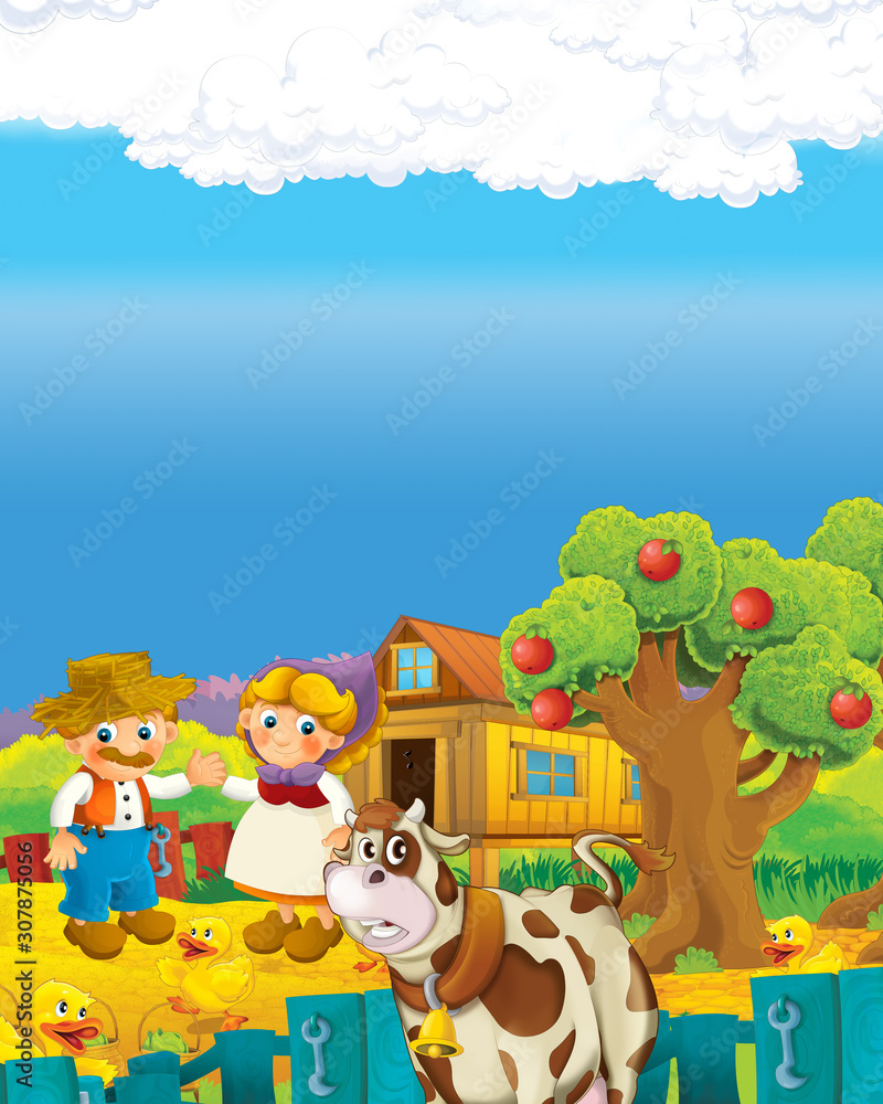 Fototapeta premium cartoon scene with happy farmer man and woman on the farm ranch illustration for the children