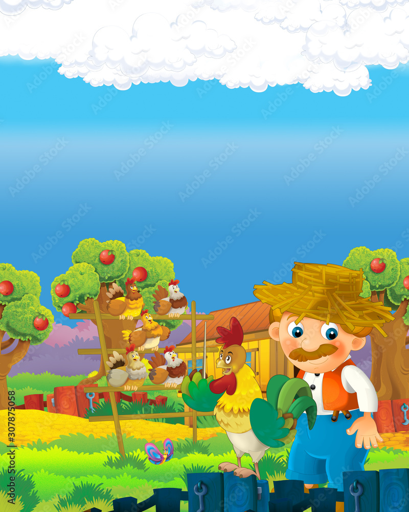 cartoon scene with happy farmer man on the farm ranch illustration for the children cartoon scene with happy farmer man on the farm ranch illustration for the children